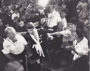 Jeff Fenech, with Johnny Lewis, makes his way to the ring. Pic: Peter Ward, The Herald.